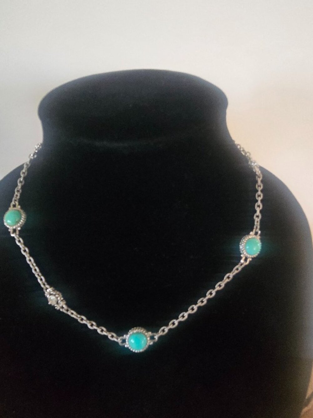 Designer Judith Ripka Sterling Silver with Turquoise and CZ station necklace